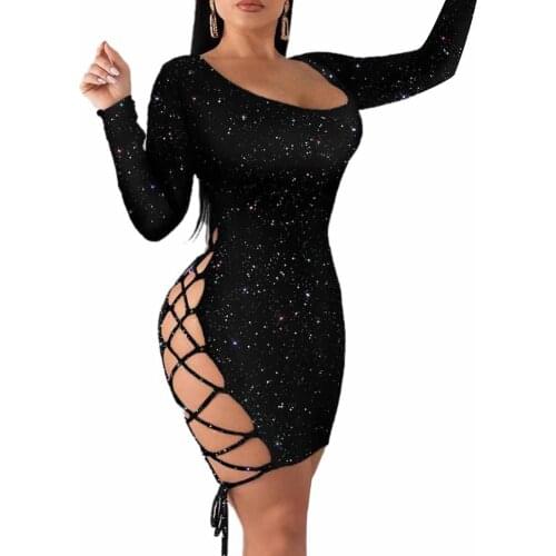 Fashion Gown Black Long Sleeve Sexy Lady Bandage Bodycon Slim Hollow Out Short Dresses Party Night Club Summer Mini Dress