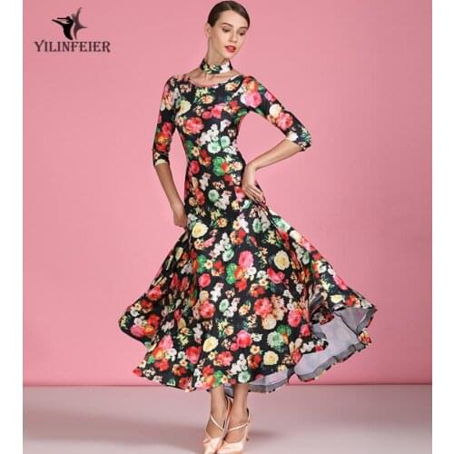 Ballroom dress girl ballroom dress woman competition waltz dress smooth standard dress flower print S9062