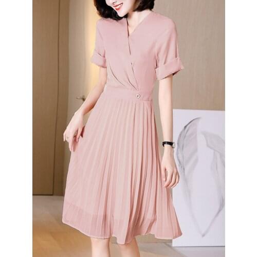 Summer chiffon dress women casual cross V-neck slim pleated dress fashion office ladies OL work midi dress