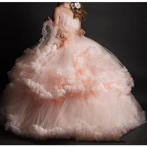 Pageant Pink Ball Gown Flower Girl Dresses First Communication Dress Girls Wedding New Year Party Dresses With Ruffles