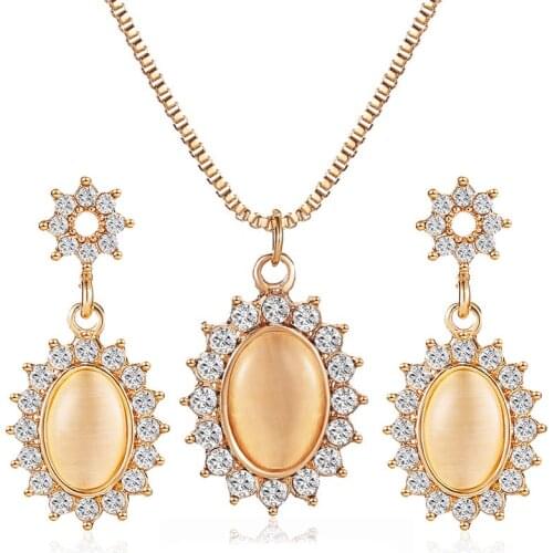 Retro Cats Eye Stone Zircon Oval Rhinestone Sunflower Necklace Drop Earrings Dangle Earrings Jewelry Sets for Women