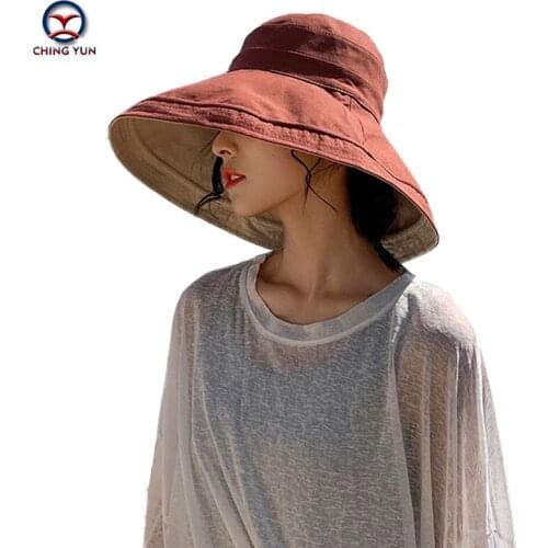 CHING YUN Summer Women Fishermans hat korea sun Cotton and linen brim beach Sunscreen breathable Sunscreen travel leisure hat