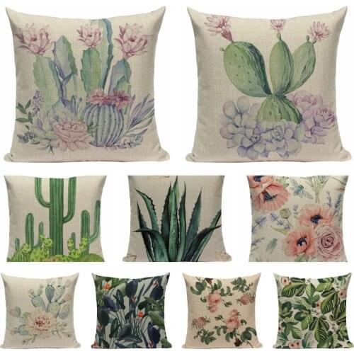 Fresh Green Cactus Cotton Linen Pillowcase Leaves Garden Cushion Decorative Pillow Cushions Home Decor Sofa Throw Pillows 45*45