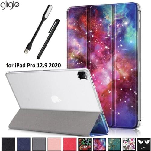 Gligle Print smart stand case cover for iPad Pro 12.9 2020 leather pouch clear back shell +Led+Touch pen free shipping