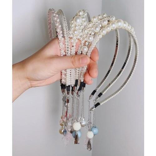 WYINYA Girl full diamond pearl fake earrings headband female princess cute press hairband hairpin girl baby hair accessories