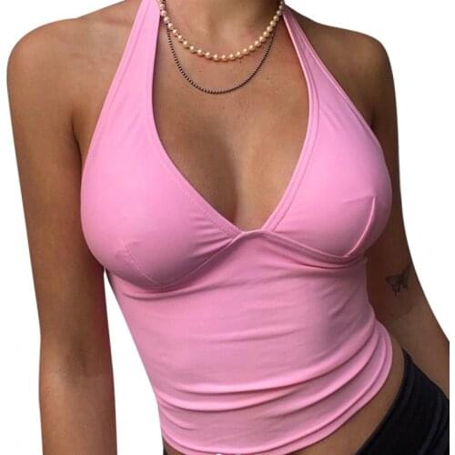 2021 Summer Halter Camisole Tank Top Women V-Neck Sexy Tanks Camis Skinny Backless Pink Corset Tee Shirt Femme Tops WomanT-shirt