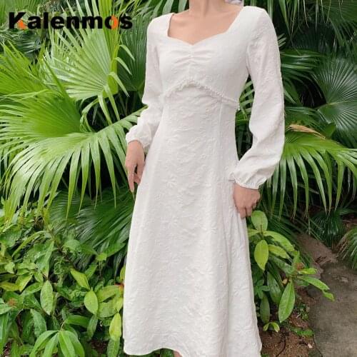 Flower Dress Elegant Lover French Retro White Square Collar Dress 2021 Womens Summer Harvest Waist Show Thin elegant vestidos
