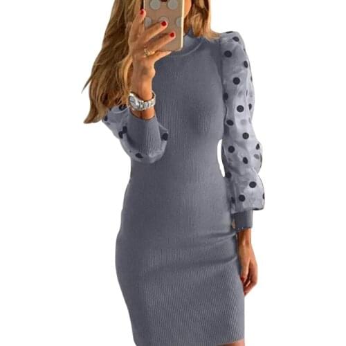 2020 Womens Bodycon Mesh Puff Sleeve Dot High Neck Knitted Ladies Party Mini Dresses