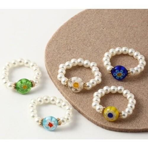 2021 Fashion Jewelry New 5pcs Colorful Glass Beads Flower Pearl Ring Set Bague Femme Anel Matching Rings For Party Wedding