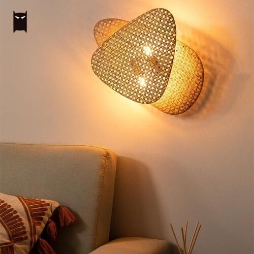 Bamboo Wicker Rattan Wall Lamp Fixture Art Deco Japanese Country Style Sconce Light Farmhouse Foyer Living Room Corridor Aisle