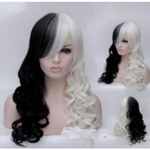 Free Shipping New fashion Women Cruella Deville Cosplay wig Black White Synthetic Long Cur