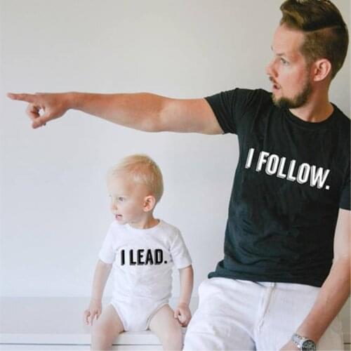 I Lead I Follow Print Father Son Shirt Family Matching Outfits Clothes Baby Rompers 100% Cotton Pajamas Tees Set