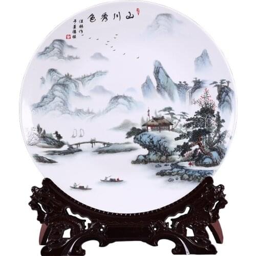 Art Ceramic Ornamental Plate Chinese Landscape Plate Decoration Plate Wood Base Chicken Porcelain Plate Set Wedding Gift