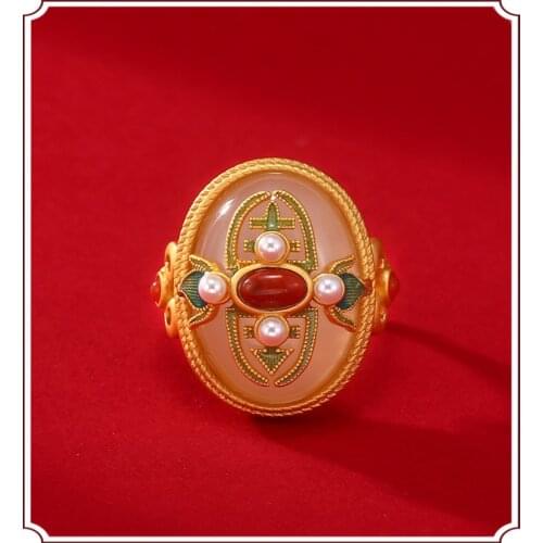 Elegant Vintage Ladies Khotan Jade 925 Sterling Silver Ring Women Inlaid Pearl Handmade Enamel Gold Plated Jewelry Accessories