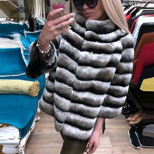 2021 New Women Natural Real Rex Rabbit Fur Coats Good Quality Genuine Rex Rabbit Fur Chinchilla Color Jacket Rabbit Fur Collar