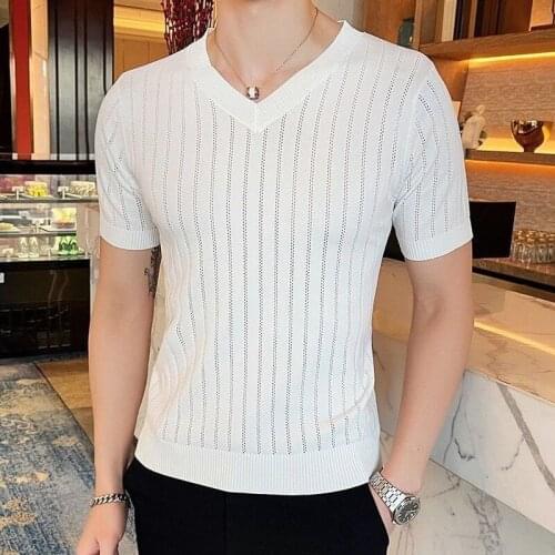 Summer Thin Rib V-neck Mens T-shirts New Arrival Slim Fahion Hollow Mens Knitted Short Sleeve Mens T-shirts Plus Size 4XL D74