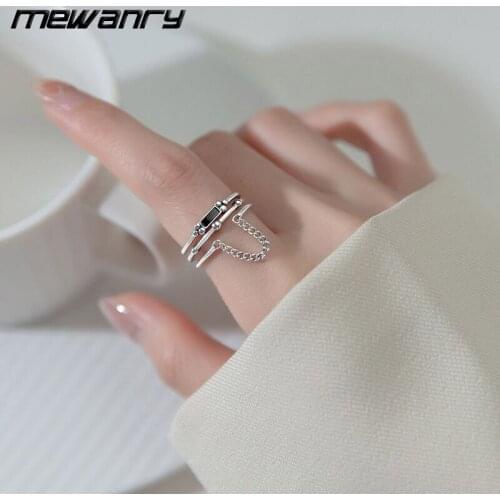 Mewanry 925 Sterling Silver Rings Multilayer Vintage Black Rectangular Chain Trend Creative Party Jewelry Gifts for Women