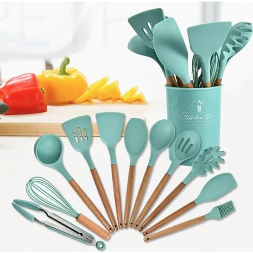 Silicone Cooking Utensils Set Non-stick Spatula Shovel Wooden Handle Cooking Tools Set With Storage Box Kitchen Tools