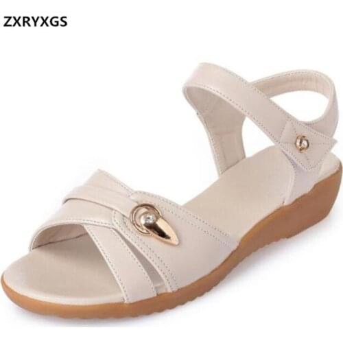 2019 New Rhinestone Genuine Leather Shoes Woman Sandals Fashion Casual Shoes Plus Size Soft Comfortable Summer Women Sandals