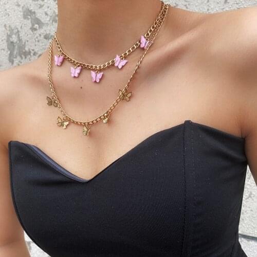 2Pcs Retro Cute Pink Butterfly Pendant Clavicle Necklace Women Bohemian Fashion Creative Glamour Girl Party Jewelry Gift