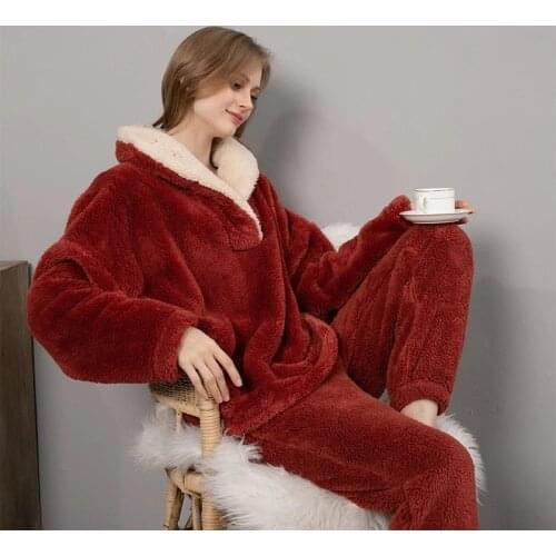 Fleece Pajama Set Womens Solid Long Sleeve Winter Terry Ladies Pijama Suit 2 Pcs with Long Pants Thick Warm Home Clothes Female