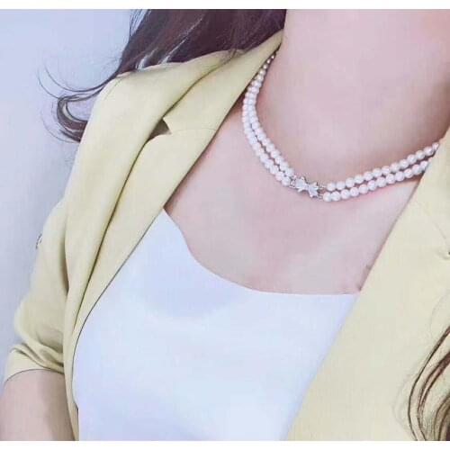 Hand knotted simple noble fashionable versatile 2 rows 6-7mm 43-45cm white freshwater pearl necklace neck chain fashion jewelry