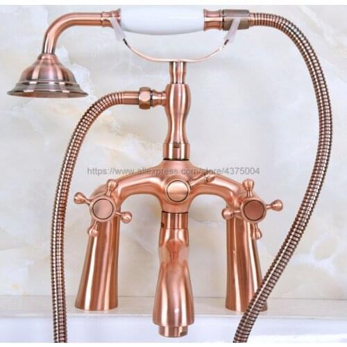 Bathtub Faucet Antique Red Copper Deck Mounted Rain Shower Faucet Dual Cross Handles Bathroom Mixer Tap Set Nna154