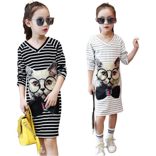 2020 Spring Girls Dress Cat Design Striped Dresses For Girls Children Princess Dress Teenage Kids Cartoon Clothes 3-12T