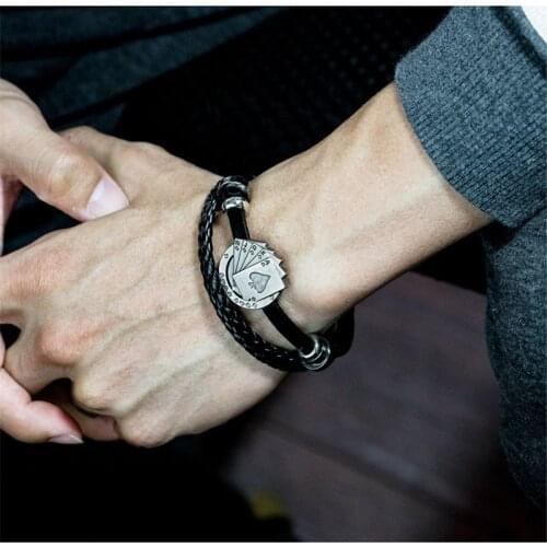 Vintage Mens Leather Bracelet Playing Cards Charm Multilayer Braided Punk Fashion Ornament Men Bangles