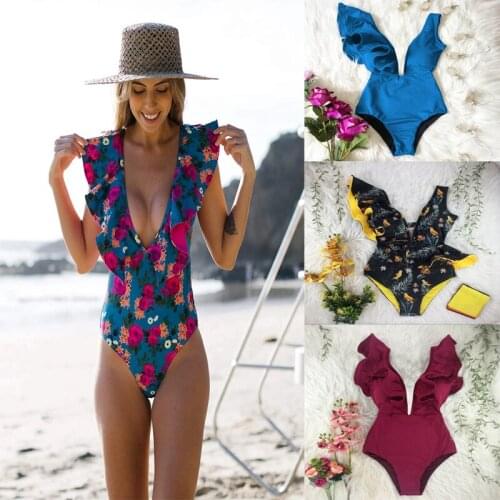 Womens Printed Swimsuit Deep V Neck Ruffle Swimsuit One Piece Bikini Swimsuit Halter Push-up Beach Sexy Swimsuit Hot Sale 2021