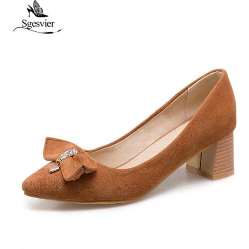 Sgesvier 2018 Women Pumps Sweet Square High Heel Flock Pointed Toe Spring Autumn Elegant Shallow Ladies Shoes Size 31-50 B183