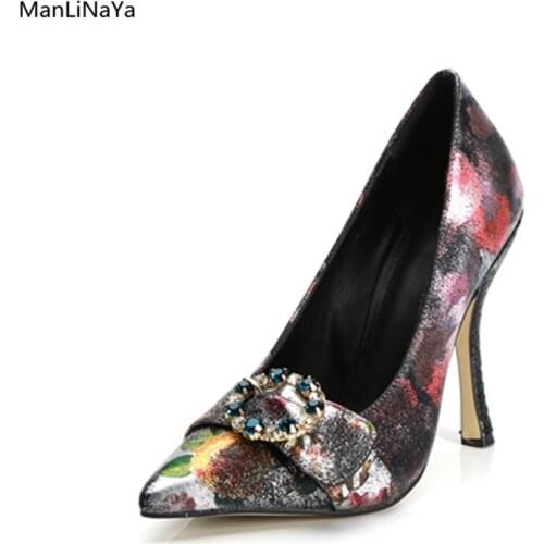 Print Floral Mixed Colors Crystal Buckle Women High Heels color Ladies Highed-Heels Strange Style Runway Female Party Shoes