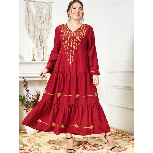 Women Long Dress Gold Color Embroidery Abaya Islamic Ramadan Dubai V-neck Arabic Muslim Kaftan Maxi Robe Gown Turkey Middle East