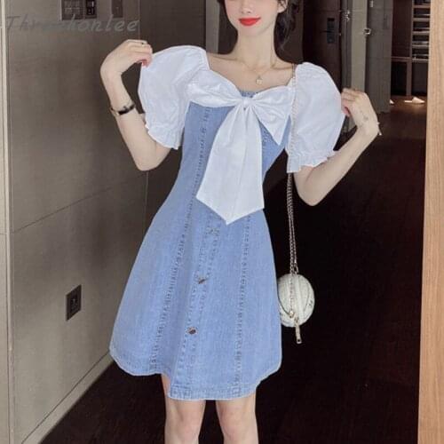 Temperament Korean Fashion Dress Big Bow Denim Dress 2021 New Summer Square Neck Bubble Sleeve Small Waist Slim A-line Skirt