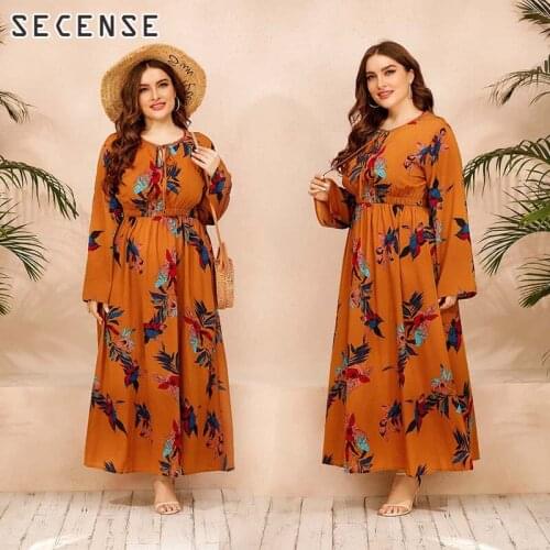 Women Maxi Dresses Floral Printing Lace Up o Neck High Waist Dress Autumn Plus Size 4xl Women Clothes 2021 SECENSE