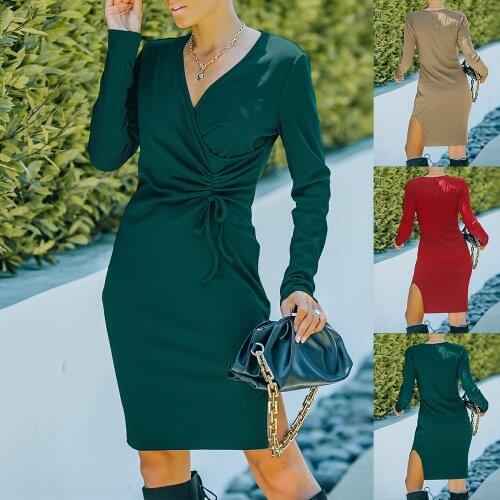 Women Ol Office Dress Long Sleeve V Neck Ladies Midi Autumn Dress High Waist Bodycon Party Solid Color Female Dress