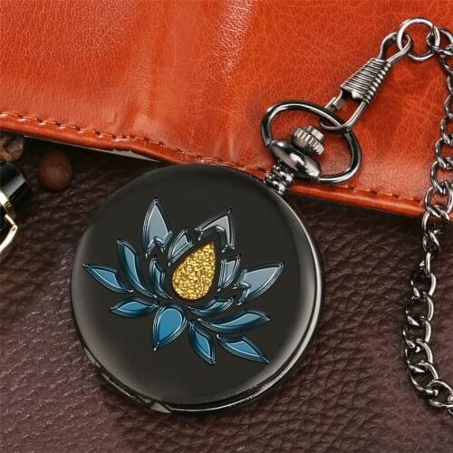 Blue Lotus Printed Smooth Black Quartz Pocket Watch Antique Pendant Clock Fob Chain Pocket Clock Gifts Men Women