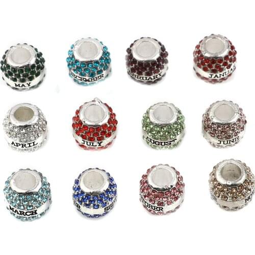 DoreenBeads Metal Beads Birthstone Large Hole Charm Beads Silver Color Barrel Colorful Rhinestone Loose Beads DIY Jewelry, 1PC