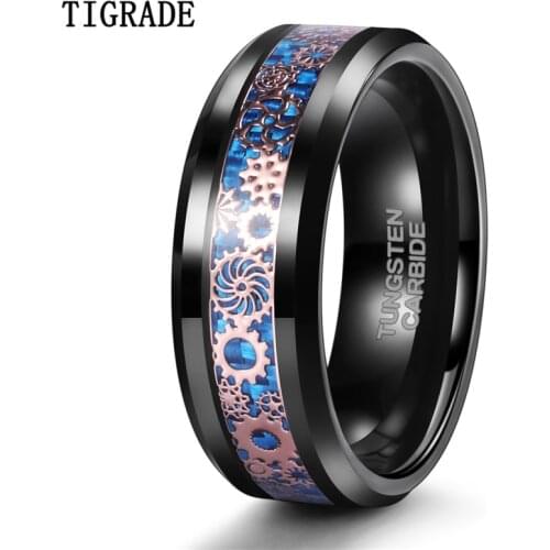 Tigrade 2020 New Black Tungsten Men Rings Blue and Gears Inlay Cool Design Rings 8mm Luxury Wedding Band for Male Party Jewelry