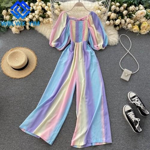 Jumpsuits Women Rompers Rainbow Colors Puff sleeve Overalls Women Fashion Lace up Jumpsuit High waist Wide Leg Long Trousers