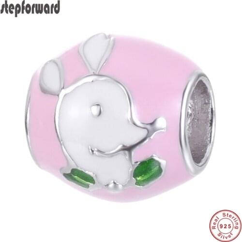 Round Enamel Pink Animal Pattern DIY Charm 925 Sterling Silver Rabbit Bead Charm For Bracelet Necklace Beads For Jewelry Gift