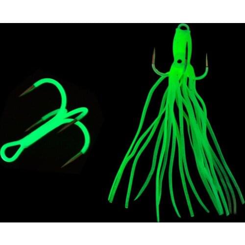 FTK 5pcs Luminous High Carbon Steel Quadruple Fishing Hook For Squid Jig Sea Hooks 1/0-2/0# Barbless Saltwater Fishhooks