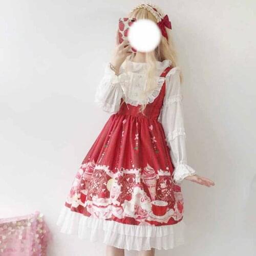 Summer Women Japanese Lolita Princess Dress Spaghetti Strap Cartoon Printed Kawaii Dress Cute Pink Ruffles Tea Party Jsk Dresses
