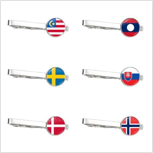 Malaysia, Laos, Denmark, Norway, Sweden, Slovakia National Flag Glass Cabochon Tie Clip Ornament for Male Gentleman Gift