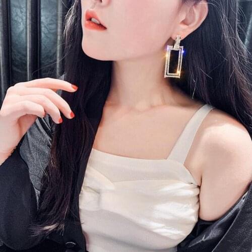 Fashion Long Geometric Drop Earrings Luxury Gold Silver Color Rectangle Rhinestone Stud Earring for Women Party Jewelry Gift