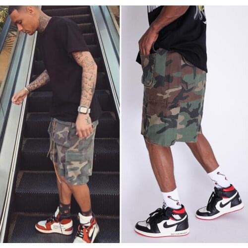 Justin Bieber Military Camouflage Cargo Shorts Men Loose Fit Drawstring Sweat Short Streetwear Six-pocket Styling
