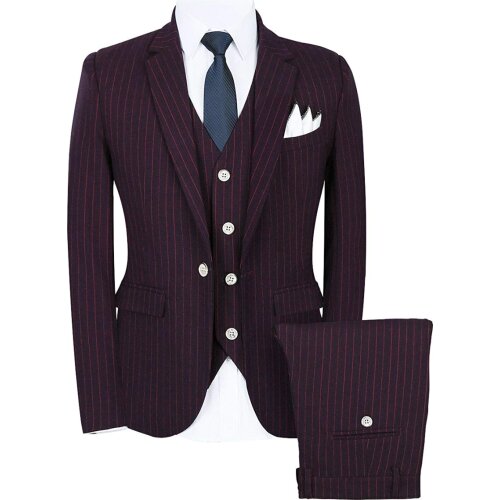 Mens Pinstripe Suit 3 Piece Casual Dress Suits One Button Formal Notch Lapel Tuxedos Blazer+Vest+Pants