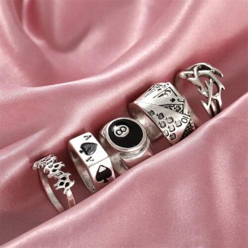 Billiards Poker Dice Finger Ring Set for Women Gothic Silver Black Color 6PCS Flower Cupid Charms Fashionable Rings Jewelry