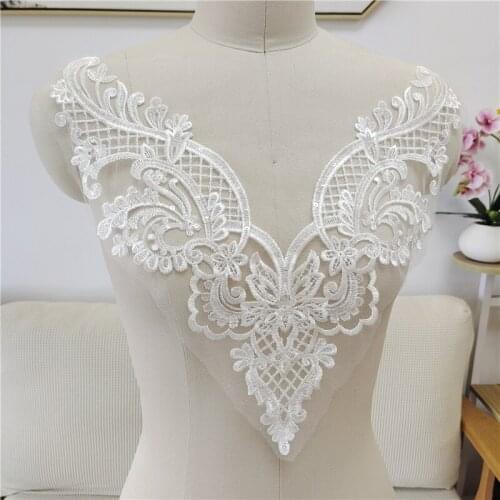 New Sequined Mesh Embroidery Lace Patches V-Neckline Clot Stickers Wedding Dress Costume Table Runner Edge Banding V2617