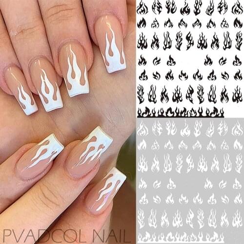 Fire Nail Stickers Decals 3D Nails Art Black White Laser Flame Sticker Decal Manicure Salon Self Adhesive Acrylic Tips Tool